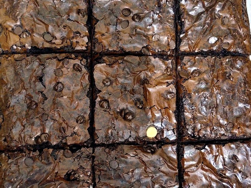 Chocolate chip fudge brownies with shiny crackly tops