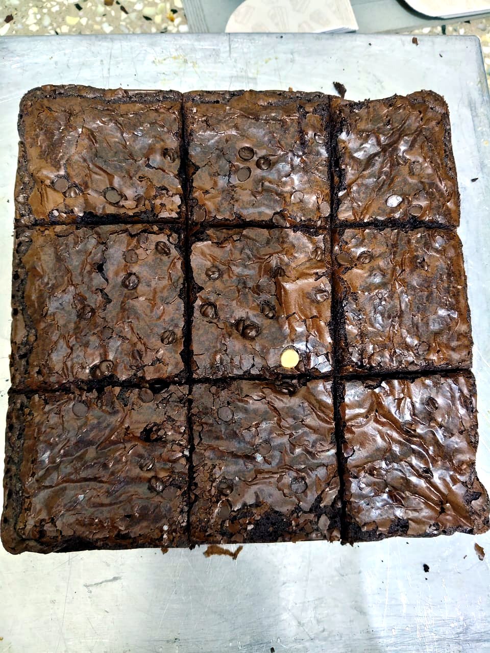 Nine chocolate chip brownie squares with shiny crackly tops, fresh from the tin